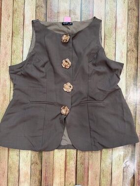 Brown Tailored Vest with Gold Floral Buttons